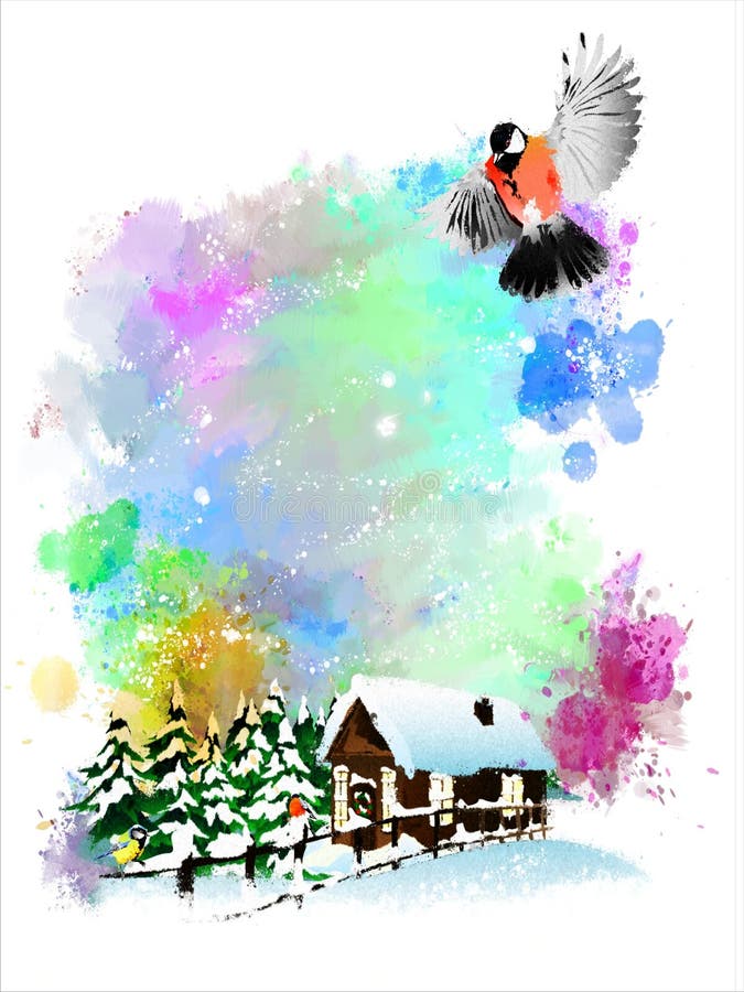 Ejemplo del invierno con los piñoneros en un fondo abstracto de la acuarela libre illustration Ejemplo del invierno con los piñoneros en un fondo abstracto de la acuarela libre illustration