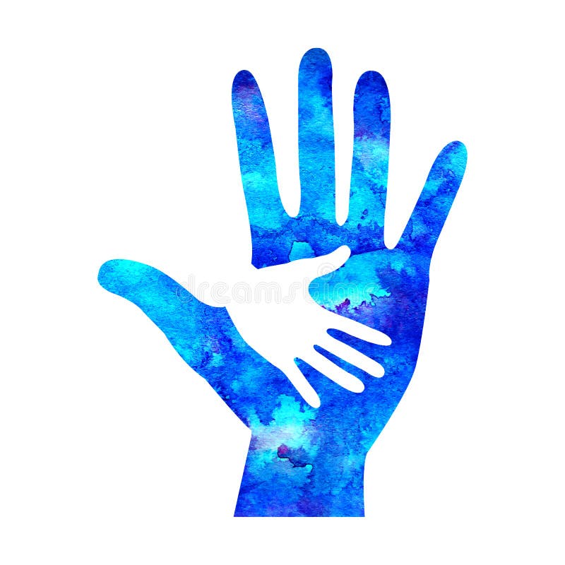 Ejemplo del logotipo de Watecolor Símbolo de la caridad Mano de la muestra aislada en el fondo blanco Compañía azul del icono, we