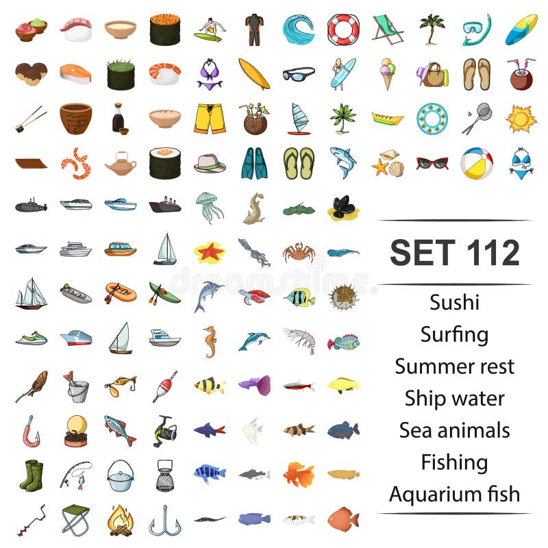 Ejemplo del sushi, practicando surf, verano, resto, animales del vector de mar del agua de la nave que pescan el sistema del icon stock de ilustración Ejemplo del sushi, practicando surf, verano, resto, animales del vector de mar del agua de la nave que pescan el sistema del icon stock de ilustración