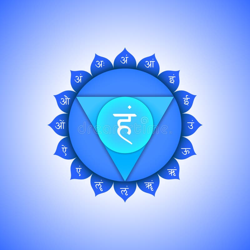 Vector fifth Vishuddha throat chakra with hinduism sanskrit seed mantra Ham and syllables am, ah, im, um, irm, em, aim, om, aum on lotus petals. Flat style blue volumetric symbol with colored background design for meditation, yoga and energy spiritual practices. Vector fifth Vishuddha throat chakra with hinduism sanskrit seed mantra Ham and syllables am, ah, im, um, irm, em, aim, om, aum on lotus petals. Flat style blue volumetric symbol with colored background design for meditation, yoga and energy spiritual practices.