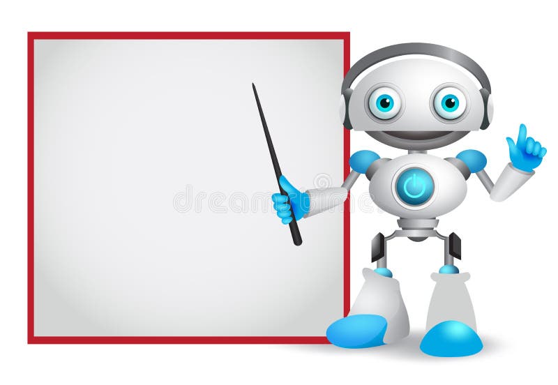 Ejemplo del vector del carácter del robot con el gesto amistoso que enseña o que muestra a tecnología libre illustration