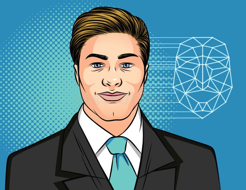 Ejemplo del vector del color de un retrato de un hombre en un traje de negocios en un fondo azul Hombre de negocios acertado en u stock de ilustración Ejemplo del vector del color de un retrato de un hombre en un traje de negocios en un fondo azul Hombre de negocios acertado en u stock de ilustración