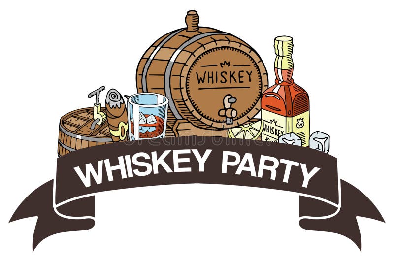 Ejemplo del vector de la bandera del partido del whisky Vidrio con los cubos de hielo y líquido, barril con el golpecito, botella