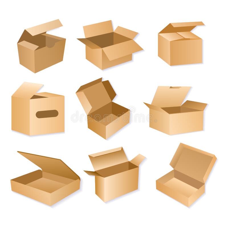 Vector illustration of carton packaging box. Realistic brown cardboard delivery packages isolated on white background. Vector illustration of carton packaging box. Realistic brown cardboard delivery packages isolated on white background