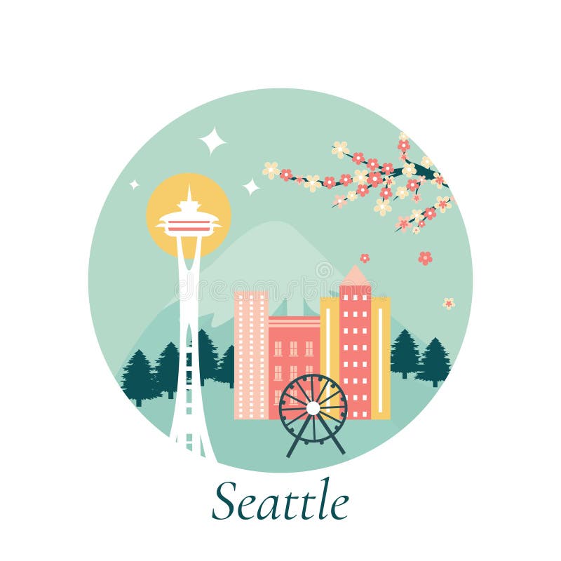 Ejemplo del vector de la ciudad de Seattle con las señales ilustración del vector Ejemplo del vector de la ciudad de Seattle con las señales ilustración del vector