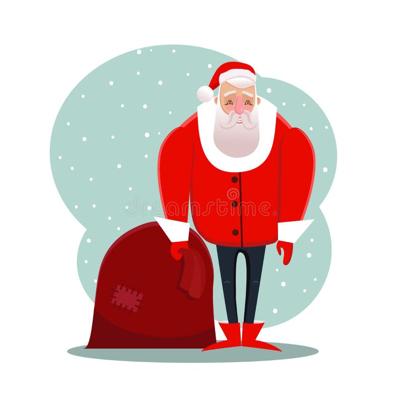 Ejemplo del vector de la historieta sonriente divertida Santa Claus con el bolso rojo con los presentes Carteles de la Navidad y libre illustration Ejemplo del vector de la historieta sonriente divertida Santa Claus con el bolso rojo con los presentes Carteles de la Navidad y libre illustration