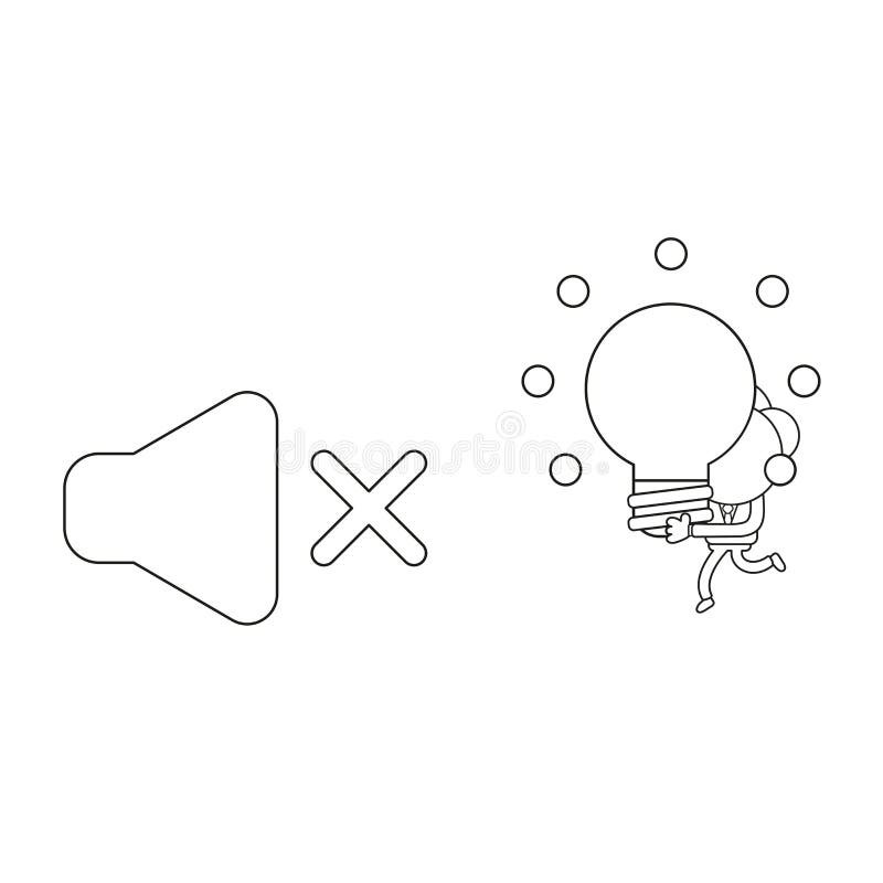 Vector illustration concept of businessman character carrying glowing light bulb idea to sound off symbol. Black outline. Vector illustration concept of businessman character carrying glowing light bulb idea to sound off symbol. Black outline