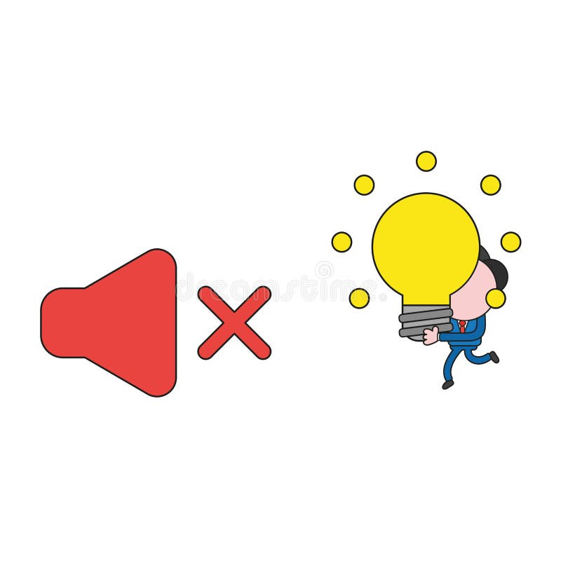 Vector illustration concept of businessman character carrying glowing light bulb idea to sound off symbol. Color and black outlines. Vector illustration concept of businessman character carrying glowing light bulb idea to sound off symbol. Color and black outlines