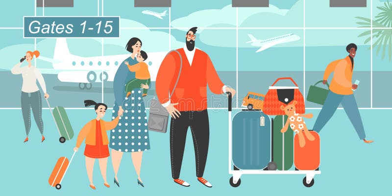 Ejemplo del vector de una familia feliz que viaja con dos niños stock de ilustración Ejemplo del vector de una familia feliz que viaja con dos niños stock de ilustración