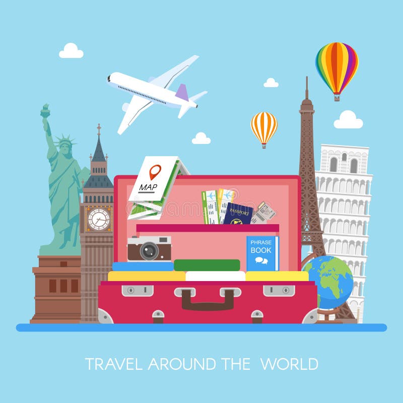 Ejemplo del vector del concepto del viaje en diseño plano del estilo Vuelo del aeroplano sobre el equipaje de los turistas ilustración del vector Ejemplo del vector del concepto del viaje en diseño plano del estilo Vuelo del aeroplano sobre el equipaje de los turistas ilustración del vector