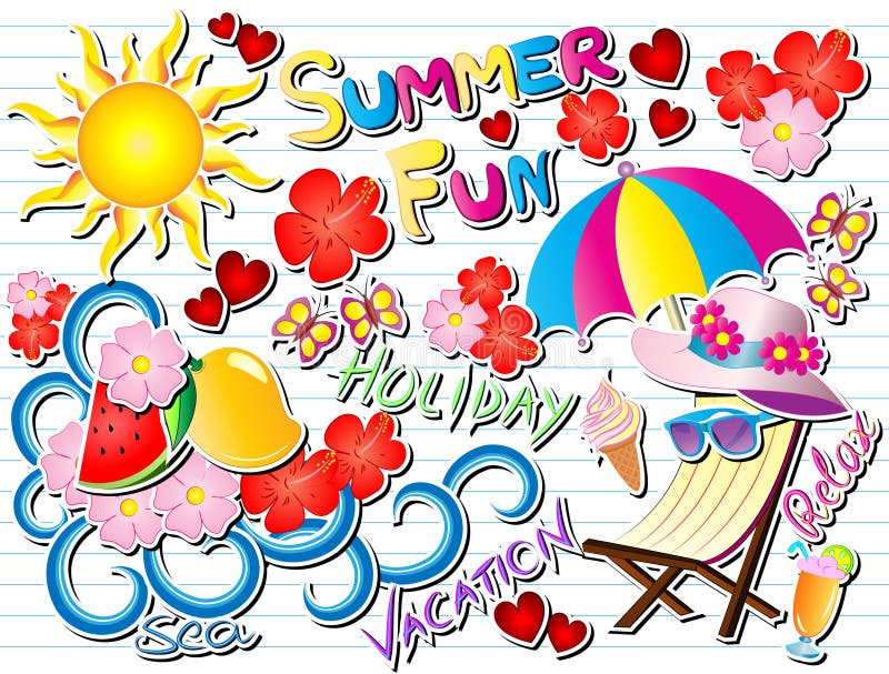 Summer Fun Vector Doodle Illustration with all summer elements and texts. Summer Fun Vector Doodle Illustration with all summer elements and texts.