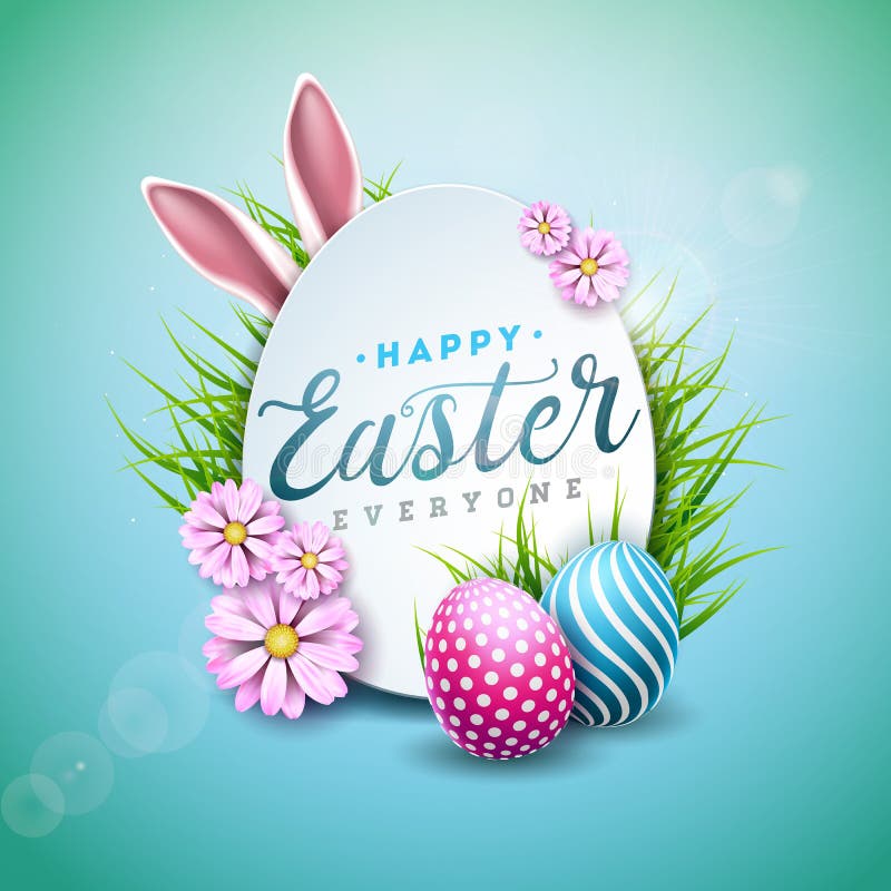 Ejemplo del vector del día de fiesta feliz de Pascua con el huevo, los oídos de conejo y la flor pintados en fondo azul brillante