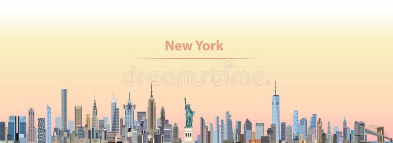 Ejemplo del vector del horizonte de New York City en la salida del sol stock de ilustración Ejemplo del vector del horizonte de New York City en la salida del sol stock de ilustración