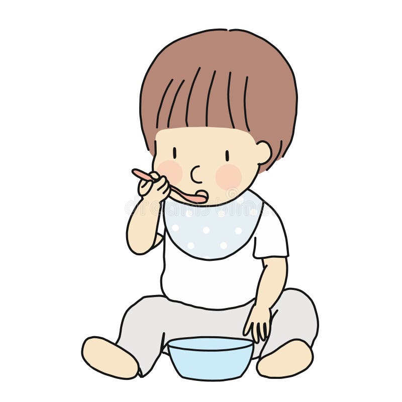 Ejemplo del vector del niño autoalimentador Niño que aprende comer la comida en cuenco con la cuchara de uno mismo Developme de l ilustración del vector Ejemplo del vector del niño autoalimentador Niño que aprende comer la comida en cuenco con la cuchara de uno mismo Developme de l ilustración del vector