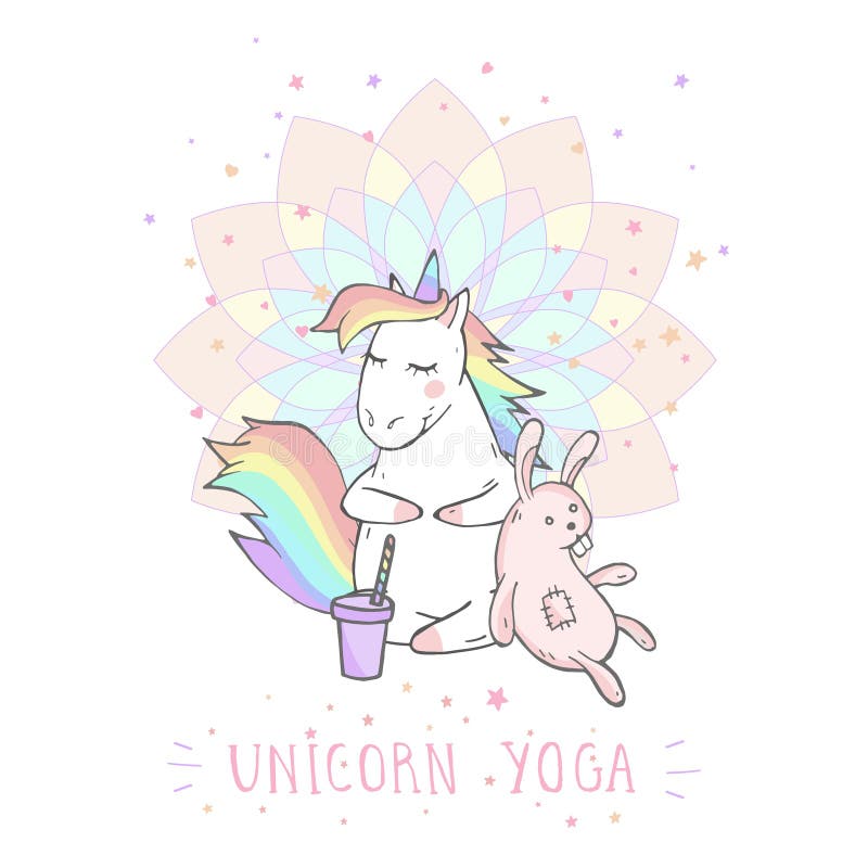 Ejemplo del vector del unicornio lindo exhausto de la mano con el juguete del conejito, el café y el texto - YOGA del UNICORNIO e libre illustration Ejemplo del vector del unicornio lindo exhausto de la mano con el juguete del conejito, el café y el texto - YOGA del UNICORNIO e libre illustration