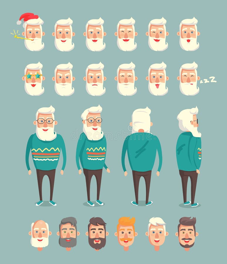 Ejemplo determinado del vector del suéter del abuelo que lleva. El verde que llevaba del abuelo hizo punto el sistema del suéter de emoticons con diversa expresión facial, soñoliento y el xmax que celebraba el ejemplo del vector del abuelo