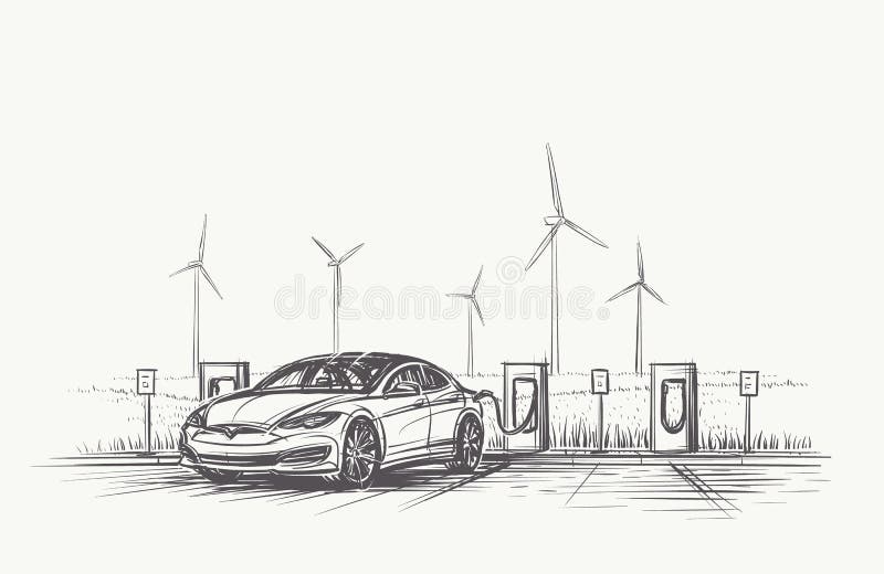 Ejemplo dibujado de la mano de carga del coche eléctrico Vector, eps10 libre illustration Ejemplo dibujado de la mano de carga del coche eléctrico Vector, eps10 libre illustration