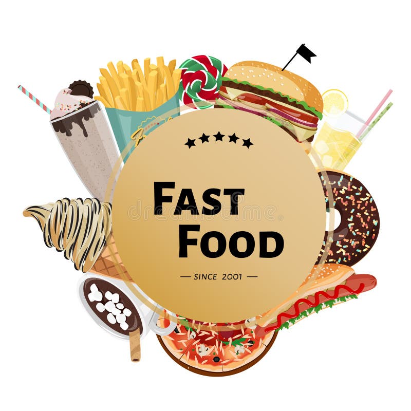 Ejemplo dibujado mano de los alimentos de preparaci?n r?pida del vector Plantilla del diseño para el café con la hamburguesa, piz stock de ilustración Ejemplo dibujado mano de los alimentos de preparaci?n r?pida del vector Plantilla del diseño para el café con la hamburguesa, piz stock de ilustración