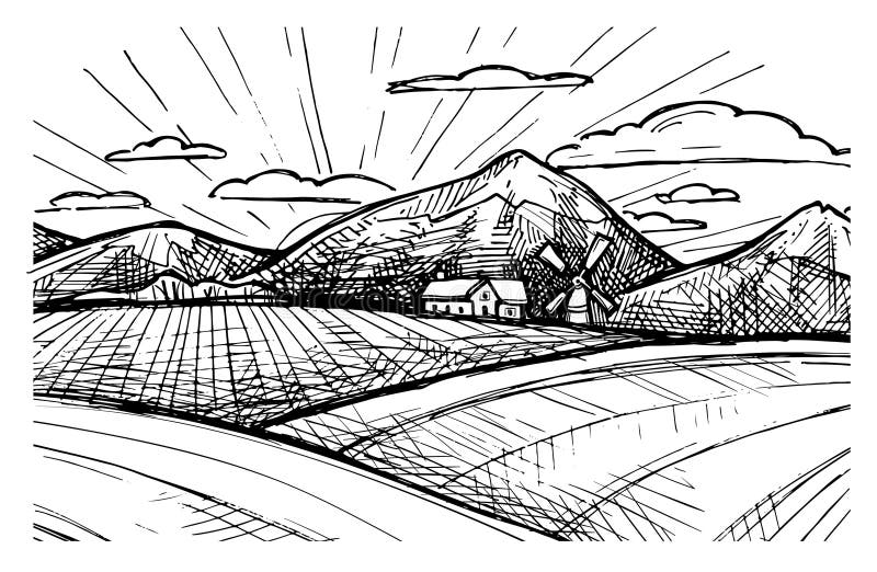 Ejemplo dibujado mano del vector - granja orgánica bosquejo libre illustration Ejemplo dibujado mano del vector - granja orgánica bosquejo libre illustration