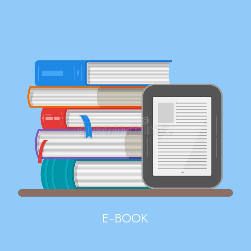 Ejemplo electrónico del vector del concepto del libro en estilo plano Pila de libros y de lector stock de ilustración Ejemplo electrónico del vector del concepto del libro en estilo plano Pila de libros y de lector stock de ilustración