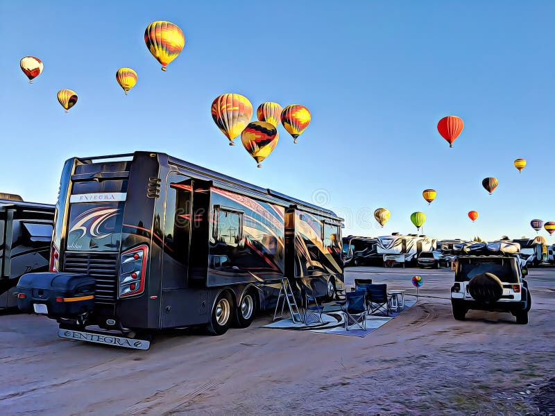 A 3D illustration of a luxurious Entegra motorhome parked underneath a flight of balloons during a family vacation travel. A 3D illustration of a luxurious Entegra motorhome parked underneath a flight of balloons during a family vacation travel
