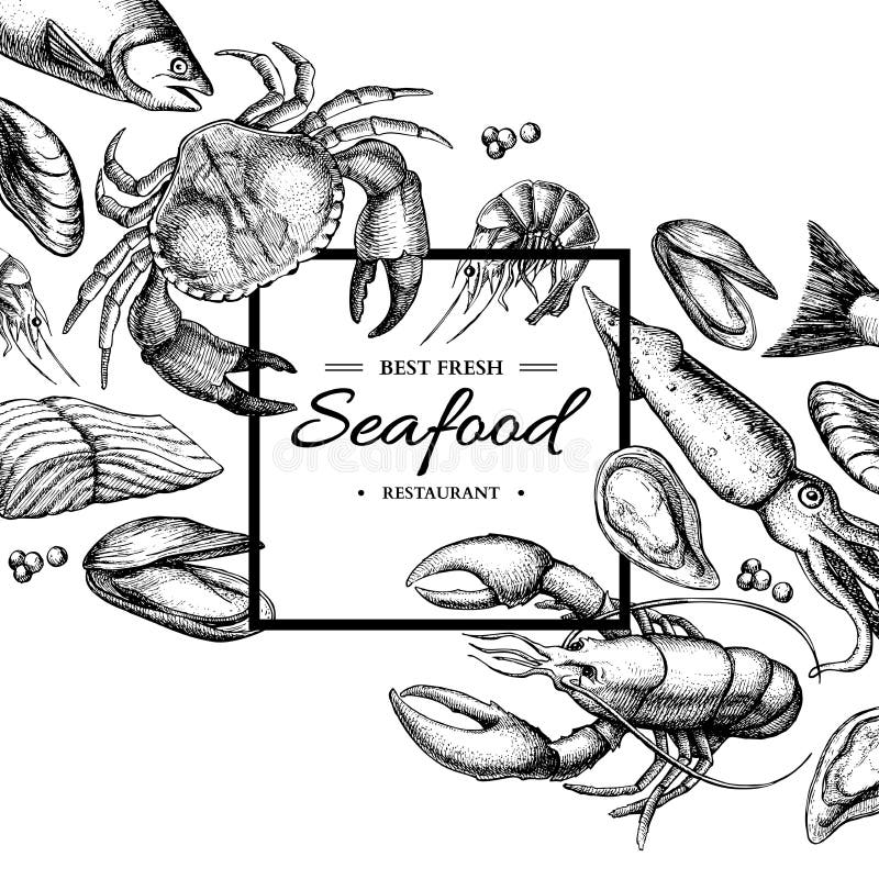 Ejemplo enmarcado vector dibujado mano de los mariscos Cangrejo, langosta, camarón, ostra, mejillón, caviar y calamar stock de ilustración Ejemplo enmarcado vector dibujado mano de los mariscos Cangrejo, langosta, camarón, ostra, mejillón, caviar y calamar stock de ilustración