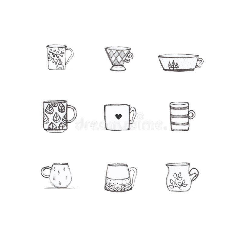 Ejemplo exhausto de la mano agradable de tazas ilustración del vector Ejemplo exhausto de la mano agradable de tazas ilustración del vector