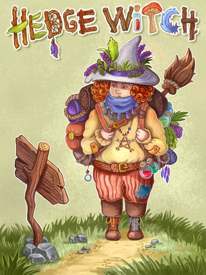 Ejemplo exhausto del hedgewitch de la mano Imagen linda verde de los ni?os del concepto de la bruja del backpacker ilustración del vector Ejemplo exhausto del hedgewitch de la mano Imagen linda verde de los ni?os del concepto de la bruja del backpacker ilustración del vector