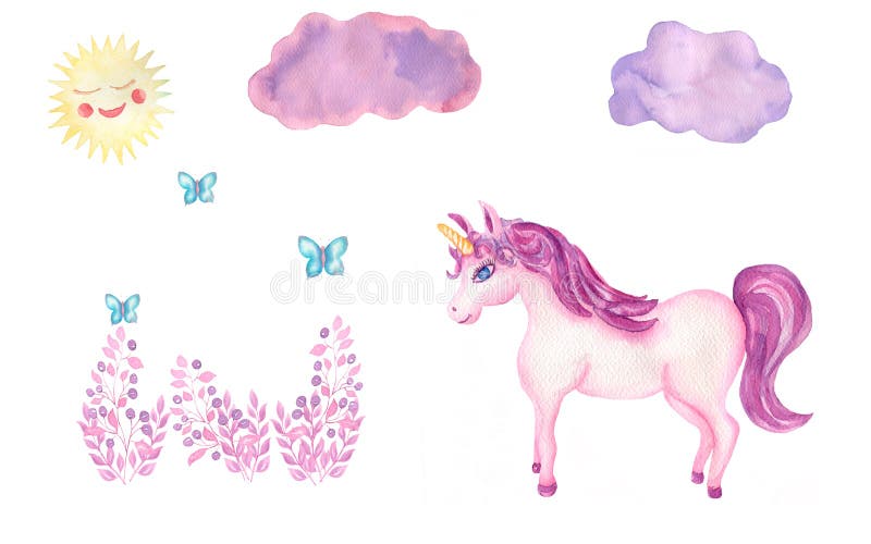Ejemplo exhausto del rosa de la mano de la acuarela y violeta del unicornio de la tarjeta con las flores violetas y rosadas, sol, ilustración del vector Ejemplo exhausto del rosa de la mano de la acuarela y violeta del unicornio de la tarjeta con las flores violetas y rosadas, sol, ilustración del vector