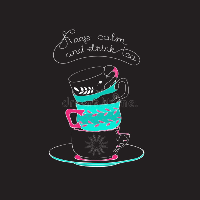 Ejemplo exhausto del vector de la mano del tiempo del té con las tazas de té apiladas stock de ilustración Ejemplo exhausto del vector de la mano del tiempo del té con las tazas de té apiladas stock de ilustración