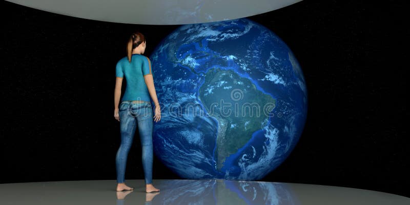 Ejemplo extremadamente detallado y realista de la alta resolución 3D del astronauta de sexo femenino que mira la tierra Tirado de stock de ilustración Ejemplo extremadamente detallado y realista de la alta resolución 3D del astronauta de sexo femenino que mira la tierra Tirado de stock de ilustración