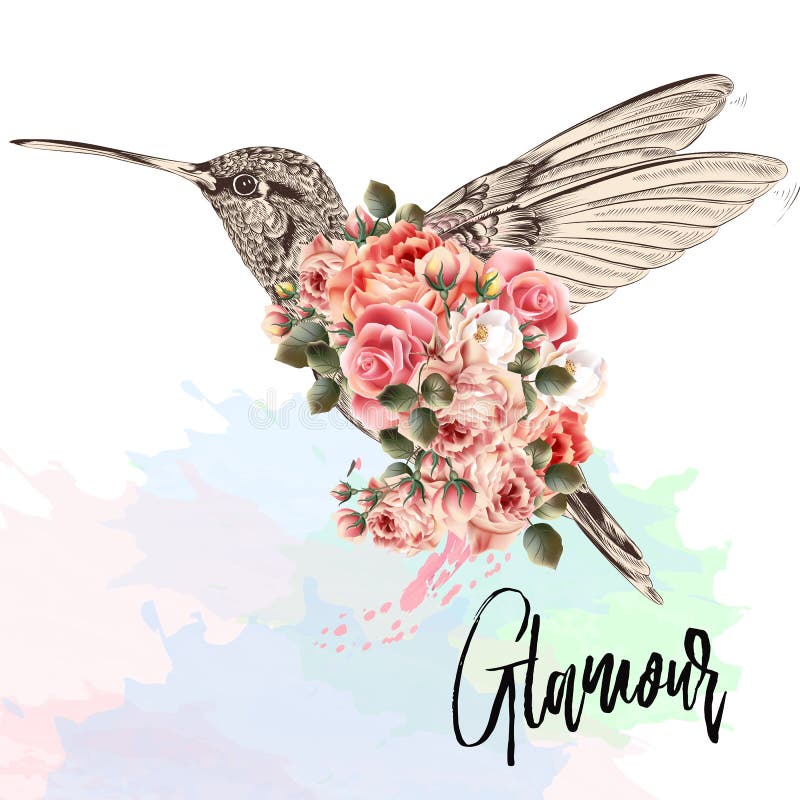 Ejemplo hermoso del vector de la moda con el colibrí rosado y