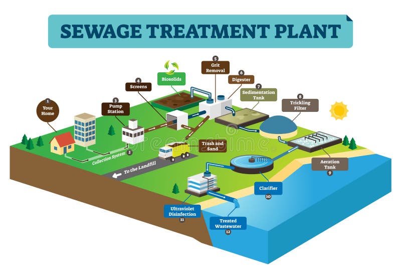 Ejemplo infographic del vector de la depuradora de aguas residuales  Limpie el agua sucia