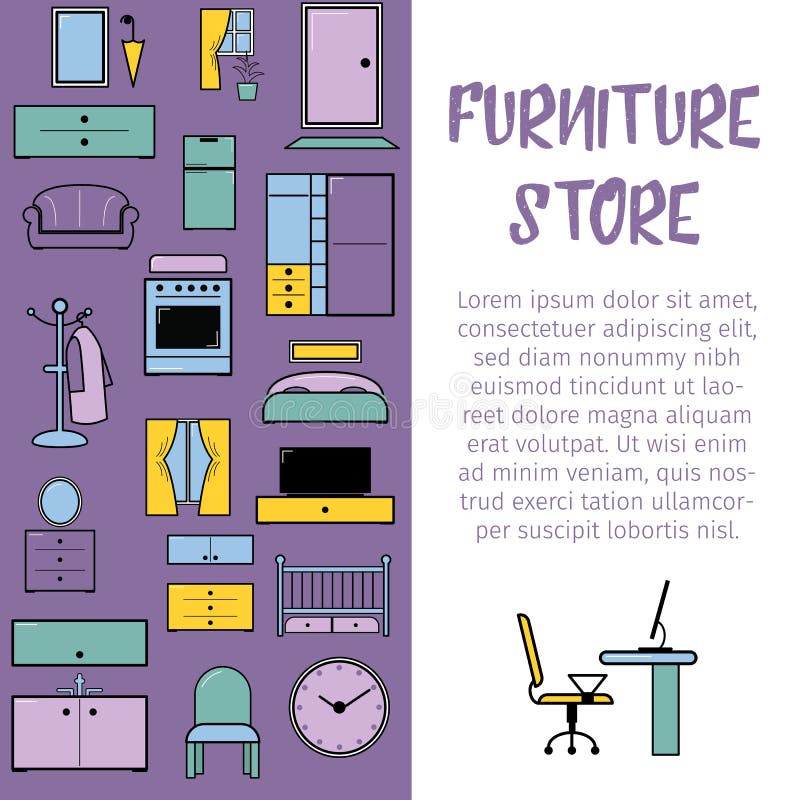 Ejemplo interior del diseño del vector de la tienda de los muebles Colección de muebles de moda del diseñador Tabla, silla, sofá ilustración del vector Ejemplo interior del diseño del vector de la tienda de los muebles Colección de muebles de moda del diseñador Tabla, silla, sofá ilustración del vector