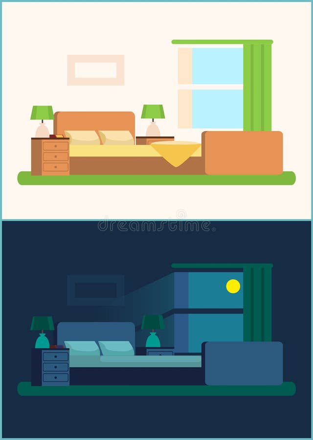 Ejemplo interior del vector del conjunto de dormitorio del sitio ilustración del vector Ejemplo interior del vector del conjunto de dormitorio del sitio ilustración del vector