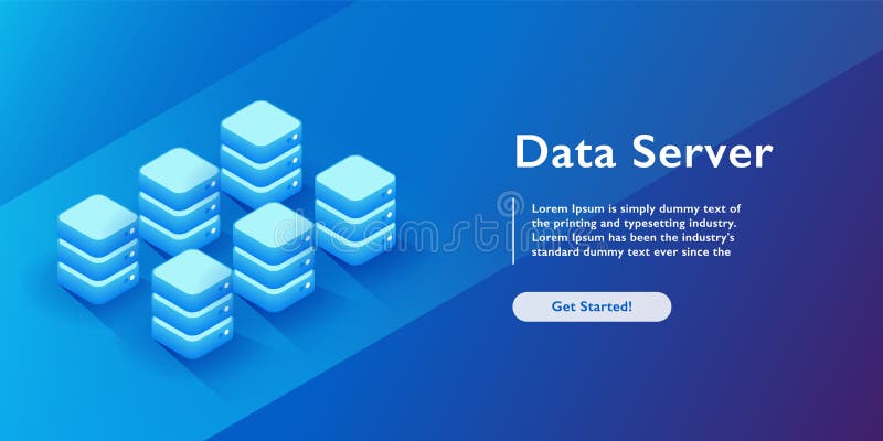 Ejemplo isométrico del vector de la base de datos de Datacenter Servidor de recibimiento 3d o fondo abstracto del sitio del centr ilustración del vector