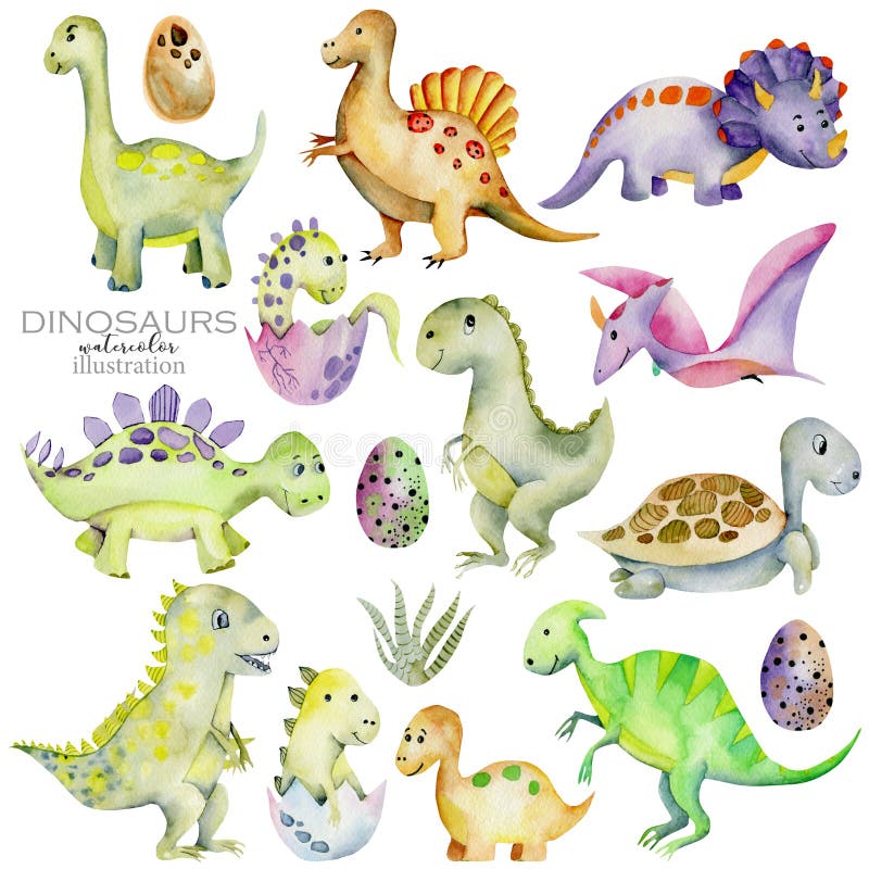 Ejemplo lindo de la acuarela de la colección de los dinosaurios stock de ilustración