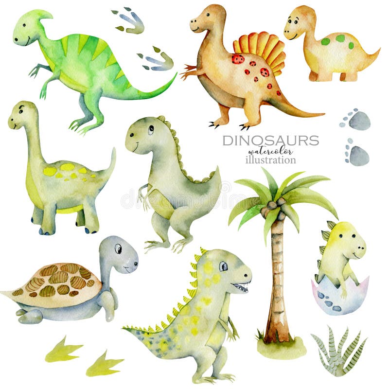 Ejemplo lindo de la acuarela de la colección de los dinosaurios stock de ilustración