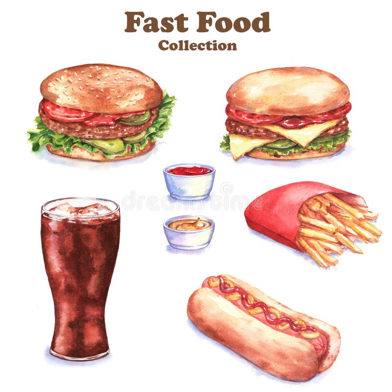 Ejemplo a mano de la acuarela de diversa comida: hamburguesa, cheeseburger, patatas fritas, perrito caliente, cola, salsas