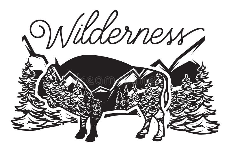 Ejemplo monocromático estilizado del vector con el bisonte y el bosque libre illustration Ejemplo monocromático estilizado del vector con el bisonte y el bosque libre illustration