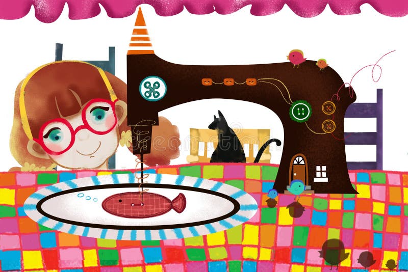Ejemplo para los niños: Muchacha de la máquina de coser libre illustration Ejemplo para los niños: Muchacha de la máquina de coser libre illustration