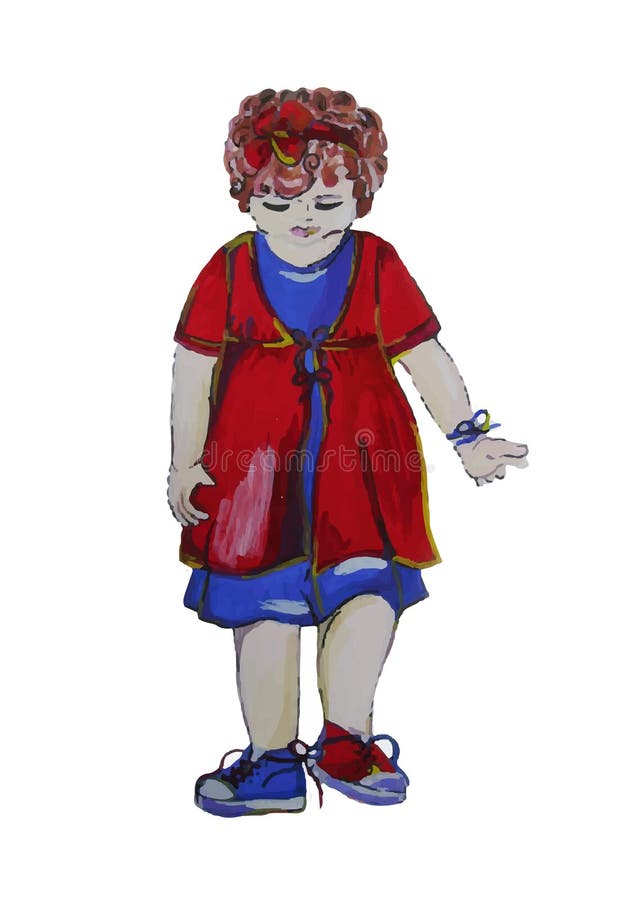 Ejemplo pintado a mano de un niño La muchacha con el pelo rizado lleva los zapatos unidos mal libre illustration Ejemplo pintado a mano de un niño La muchacha con el pelo rizado lleva los zapatos unidos mal libre illustration