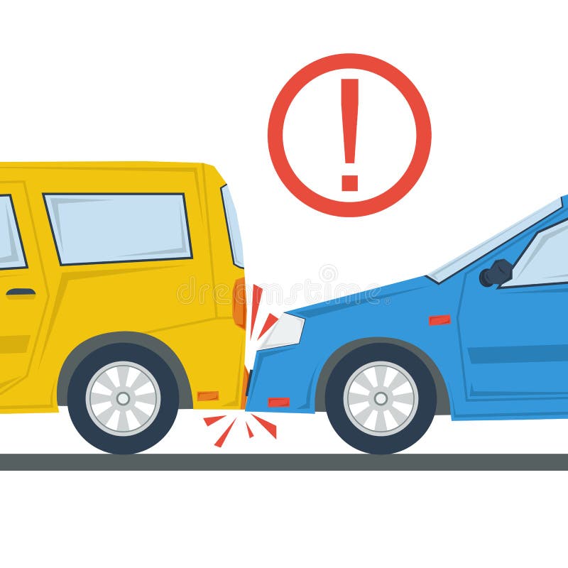 Vector illustration of two cars in accident. Yellow and blue automobile in flat style and red exclamation mark. Concept bad driving or traffic, road situations. Vector illustration of two cars in accident. Yellow and blue automobile in flat style and red exclamation mark. Concept bad driving or traffic, road situations