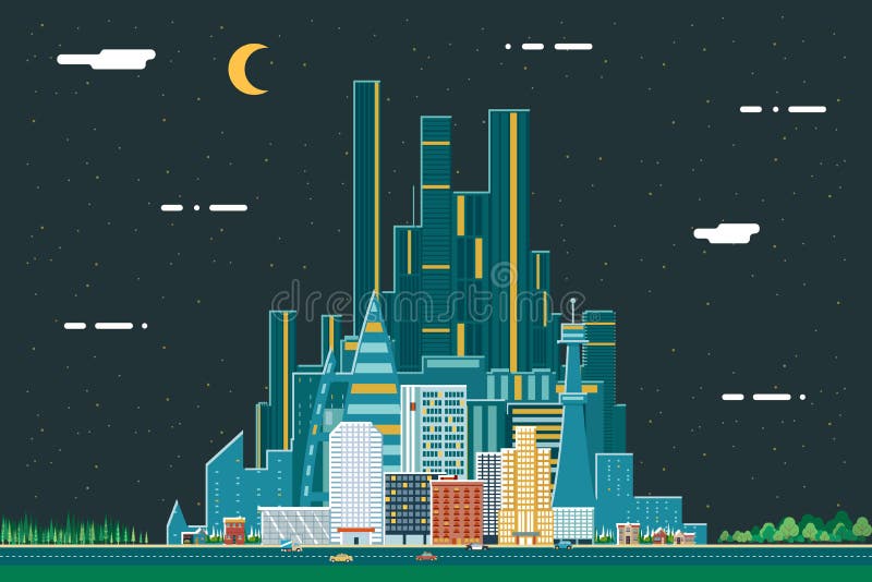 Ejemplo plano del vector de la plantilla del icono del concepto de diseño del paisaje de la noche de la ciudad de Real Estate del ilustración del vector Ejemplo plano del vector de la plantilla del icono del concepto de diseño del paisaje de la noche de la ciudad de Real Estate del ilustración del vector