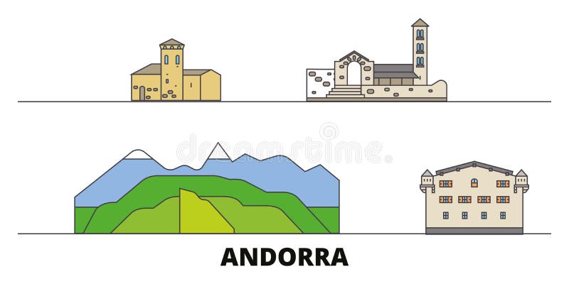 Ejemplo plano del vector de las señales de Andorra Línea ciudad con vistas famosas del viaje, horizonte, diseño de Andorra