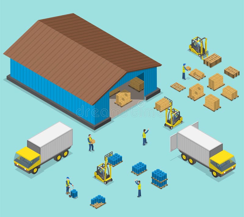 Ejemplo plano isométrico del vector de Warehouse stock de ilustración Ejemplo plano isométrico del vector de Warehouse stock de ilustración