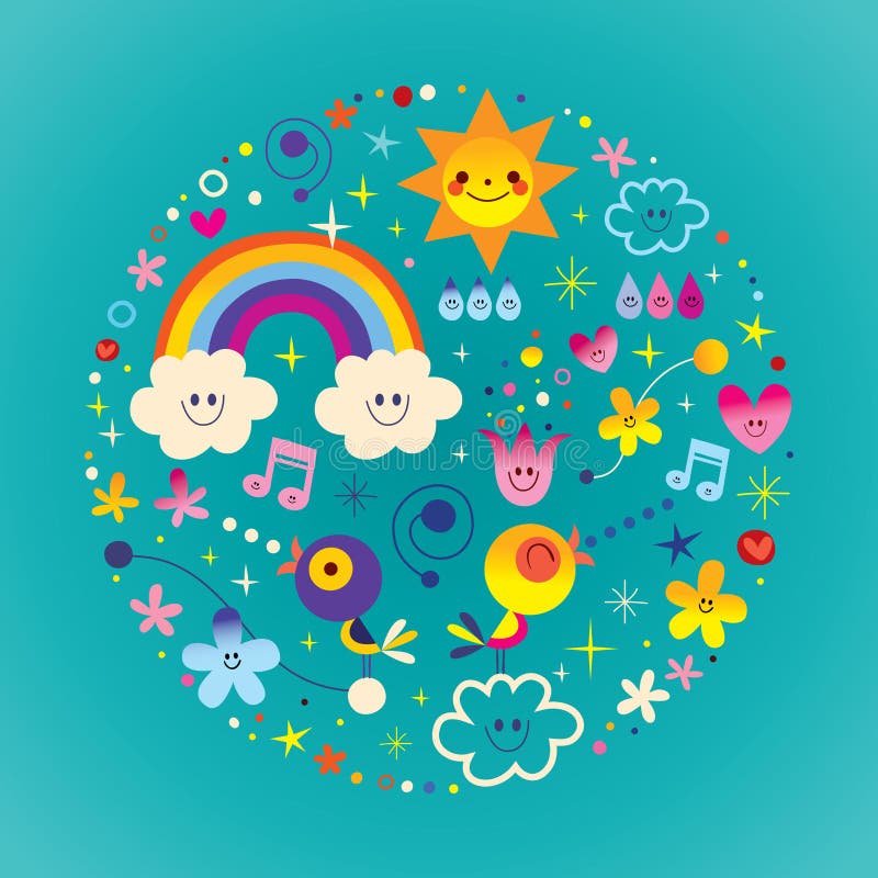 Ejemplo redondo extremadamente impresionante de la composición con los pájaros lindos, flores, Sun, arco iris, nubes, gotas de ag libre illustration Ejemplo redondo extremadamente impresionante de la composición con los pájaros lindos, flores, Sun, arco iris, nubes, gotas de ag libre illustration