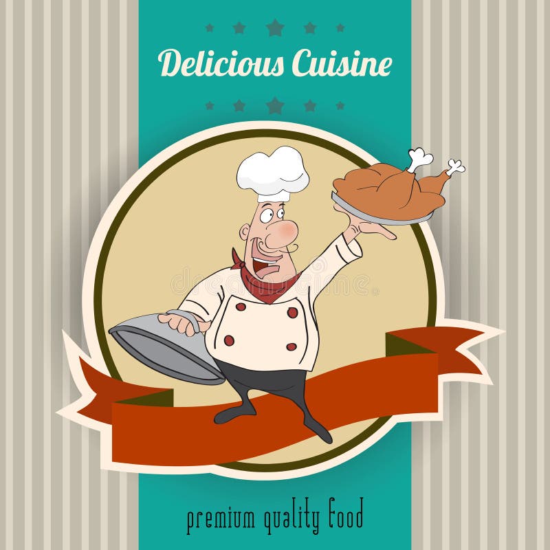 Ejemplo retro con el cocinero y el mensaje delicioso de la cocina stock de ilustración Ejemplo retro con el cocinero y el mensaje delicioso de la cocina stock de ilustración