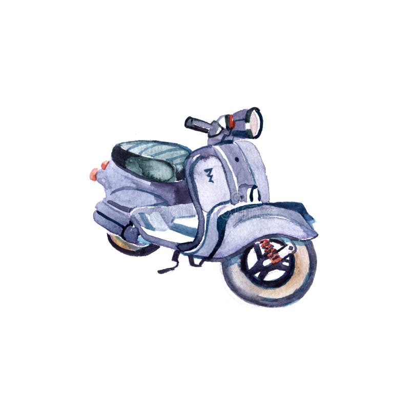 Ejemplo retro de la acuarela de la vespa Vehículo del viaje del vintage del inconformista aislado en el fondo blanco Diseño del v stock de ilustración Ejemplo retro de la acuarela de la vespa Vehículo del viaje del vintage del inconformista aislado en el fondo blanco Diseño del v stock de ilustración