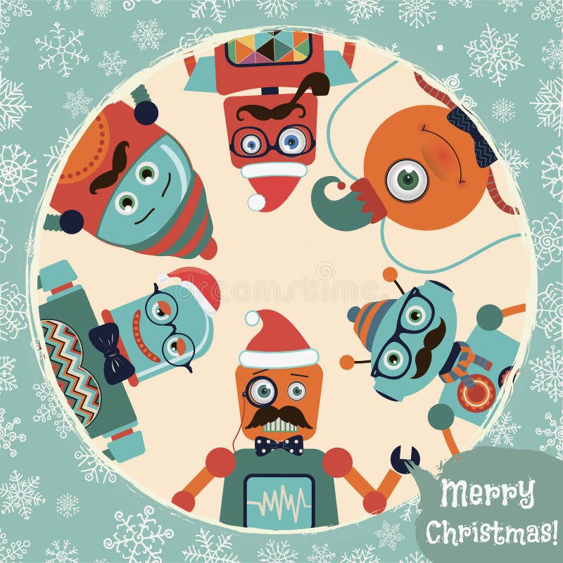 Ejemplo retro de la tarjeta de Navidad de los robots del inconformista del vector libre illustration Ejemplo retro de la tarjeta de Navidad de los robots del inconformista del vector libre illustration